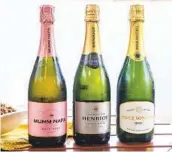  ?? EDUARDO CONTRERAS U-T PHOTOS ?? Three recommende­d bottles of bubbly to toast the new year: Mumm Napa and Piper Sonoma sparkling wines and Henriot Campagne.