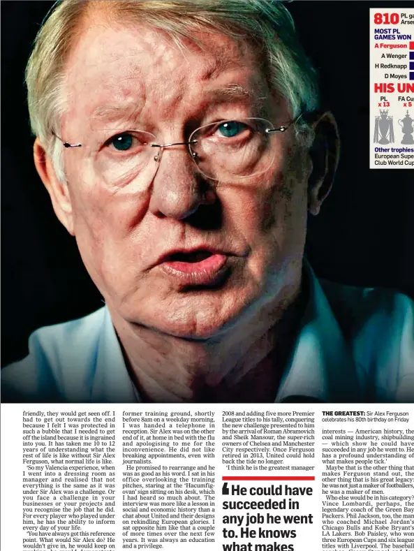  ?? ?? THE GREATEST: Sir Alex Ferguson celebrates his 80th birthday on Friday