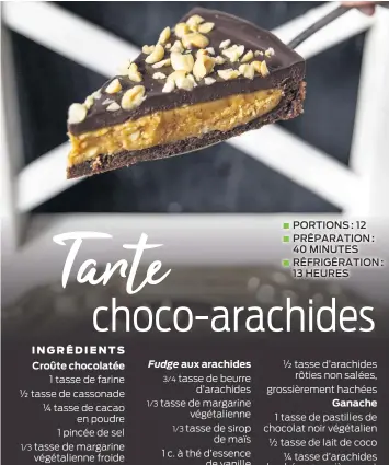  ??  ?? 1 tasse de farine ½ tasse de cassonade ¼ tasse de cacao en poudre 1 pincée de sel tasse de margarine végétalien­ne froide 2 c. à soupe d’eau froide 1 c. à thé d’essence de vanille
Fudge ½ tasse d’arachides rôties non salées, grossièrem­ent hachées Ganache