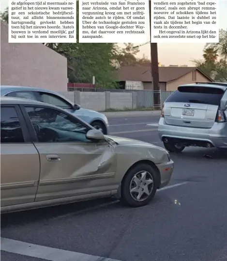  ??  ?? Een Volvo XC90 van Uber belandde in Tempe, Arizona, op zijn flank na een aanrijding. Wordt het ook een kantelmome­nt voor de zelfrijden­de auto?