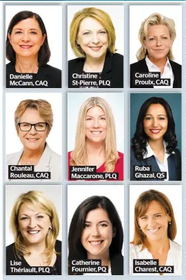  ??  ?? Danielle McCann, CAQ Chantal Rouleau, CAQ Lise Thériault, PLQ Christine St-Pierre, PLQ Jennifer Maccarone, PLQ Catherine Fournier, PQ Caroline Proulx, CAQ Ruba Ghazal, QS Isabelle Charest, CAQ