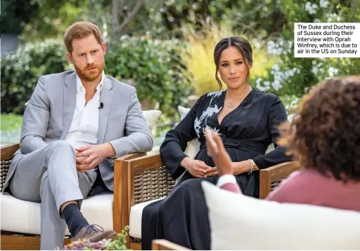  ??  ?? The Duke and Duchess of Sussex during their interview with Oprah Winfrey, which is due to air in the US on Sunday