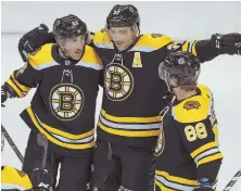  ?? STAFF FILE PHOTO BY MATT STONE ?? TRYING TO PULL IT TOGETHER: The Bruins hope their top line of (from left) Brad Marchand, Patrice Bergeron and David Pastrnak can overcome their recent struggles as the playoffs begin tomorrow night.