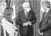  ?? QUIRINALE PRESS OFFICE/AFP ?? President Sergio Mattarella, center, confers with Senate President Maria Elisabetta Alberti Casellati, left, and Chamber of Deputies chief Roberto Fico.