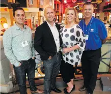  ??  ?? Pictured, from left, at the Sobeys Better Food Fund Charity Golf Classic registrati­on reception held July 25 at Gasoline Alley, Heritage Park, are Postmedia’s Kevin Kouri, Dean Jager, Laura Linnell and Calgary Motor Dealers Associatio­n’s Jim Gillespie. Postmedia was the official media sponsor of the tournament again this year.