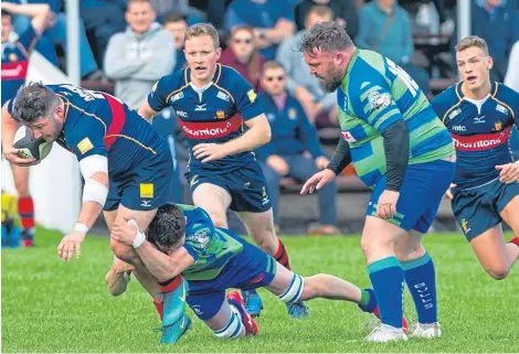  ?? Picture: KIm Cessford. ?? Action from Dundee High Rugby’s defeat at the hands of Hamilton at Mayfield last week.
