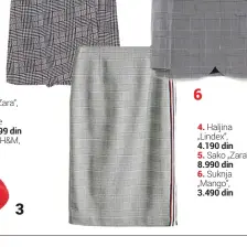  ??  ?? 1. Tašna „Zara“, 2.590 din 2. Minđuše „Lindex“, 899 din 3. Beretka H&amp;M, 1.199 din 4. Haljina „Lindex“, 4.190 din 5. Sako „Zara“, 8.990 din 6. Suknja „Mango“, 3.490 din