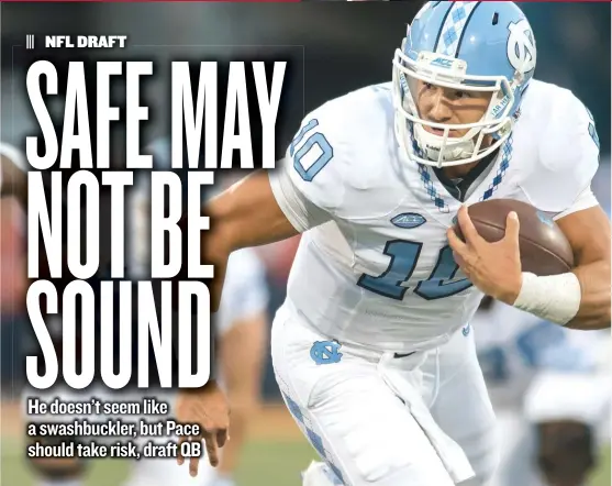  ??  ?? North Carolina quarterbac­k Mitchell Trubisky has moved up steadily in many mock drafts. Could he be the player who solves the Bears’ perennial QB problem? | BRADLEY LEEB/ AP