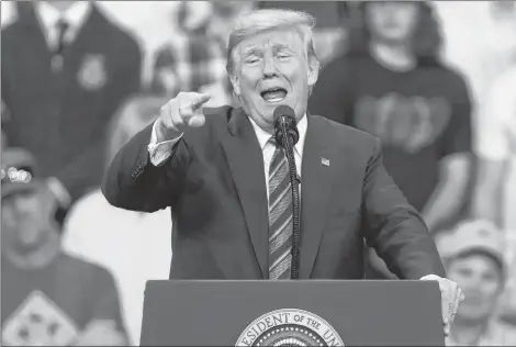  ?? AP PHOTO ?? President Donald Trump speaks at a rally at the Rimrock Auto Arena in Billings, Mont., Thursday.