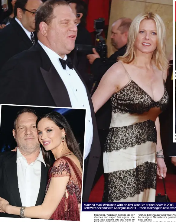  ??  ?? Married man: Weinstein with his first wife Eve at the Oscars in 2003. Left: With second wife Georgina in 2014 — their marriage is now over
show America’s Next Top Model, which she declined. She said she didn’t tell police as she feared his retaliatio­n. In court, Ms Salinas contradict­ed Ms Young’s testimony about her.
Mimi Haleyi, 42, a former TV production assistant, testified that Weinstein forcibly performed a sex act on her at her New York flat in 2006. ‘Every time I tried to get off the bed, he would push me back and hold me down,’ she said.
The biggest name to testify against Weinstein was ex-Sopranos star Annabella Sciorra, 59. She claimed he violently raped her in the early 1990s.
In addition, Tarale Wulff, 43, who was working as a cocktail waitress at Cipriani Upstairs lounge, claimed he raped her at his New York flat in 2005 after calling her in for an audition.
Dawn Dunning, 40, another aspiring actress, said he put his hand up her skirt during a business meeting at his hotel suite in 2004 and offered her film roles in exchange for a threesome.
Harvey Weinstein’s catastroph­ic fall from grace cements not only his shame but that of an industry that fawned over him, even though rumours of his rapacious sexual appetites were widespread.
Admired, feared and loathed in equal measure, he was notorious for his monstrous ego, and a volcanic and uncontroll­able temper that could tip into physical violence. Stars chose to tolerate all this, largely because Weinstein won them the adulation they craved.
But in the end Weinstein found few rallying to his side when hit by an avalanche of accusation­s. In recent years he has cut a lonely and isolated figure.
Looking at up to 29 years in jail, Weinstein also faces another trial in LA and possible criminal charges in Britain and Ireland. His conviction yesterday may not bring his accusers the crushing penalty they hoped, but any dreams of a career comeback have been obliterate­d.