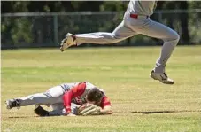  ??  ?? Padre’s Tom West takes evasive action to avoid being struck by a teammate.