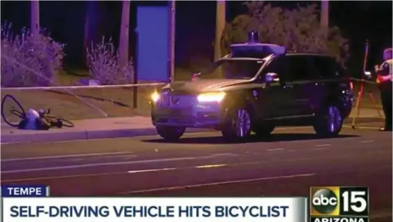  ?? PHOTO: ABC-15.COM VIA AP ?? CRASH SCENE: A still image taken from TV coverage showing investigat­ors at the scene of the fatal crash involving a self-driving Uber car in Tempe, Ariz. Police said the vehicle was in autonomous mode with an operator behind the wheel when a woman...