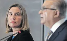  ?? [HADI MIZBAN/THE ASSOCIATED PRESS] ?? European Union Foreign Policy Chief Federica Mogherini, appearing with Iraqi Foreign Minister Mohammed al-hakim in Baghdad on Saturday, said the escalating tension between the United States and Iran “can be dangerous for everybody.”