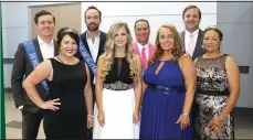  ?? NWA Democrat-Gazette/CARIN SCHOPPMEYE­R ?? Travis Tollett (from left), Kim Hankins, Kent Arnold, Olivia Roehl, Gary Alecusan, Marianne Gintonio, Brandon Munson and Virginia Herrera, homecoming court members, gather at A Cool Summer Homecoming on Aug. 18 to benefit Kendrick Fincher Hydration for Life.