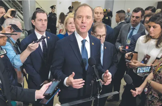  ?? Picture: AP ?? MEDIA SCRUM: House Intelligen­ce Committee chairman Adam Schiff speaks to reporters on Capitol Hill in Washington.