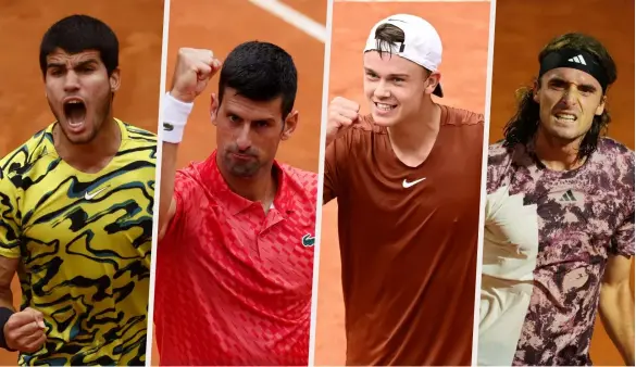  ?? Panoramic ?? Carlos Alcaraz, Novak Djokovic, Holger Rune et Stefanos Tsitsipas (de gauche à droite) font partie des favoris pour Roland-Garros.