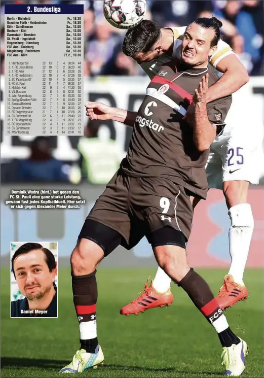  ??  ?? Dominik Wydra (hint.) bot gegen den FC St. Pauli eine ganz starke Leistung, gewann fast jedes Kopfballdu­ell. Hier setzter sich gegen Alexander Meier durch.Daniel Meyer