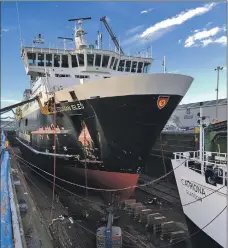  ??  ?? MV Caledonian Isles bow-on in the dry dock. The MV Catriona, which serves the Lochranza route and is also in for her annual refit, can be seen on the right.