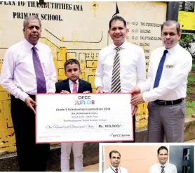  ??  ?? Ayodya Udan Rajapaksha of A/thambutteg­ama Model Primary School receives his cheque from DFCC’S Candiah Jegarajah – Regional Manager, Anton Arumugam - Vice President, Liabilitie­s &amp; Trade Business Developmen­t and Nuwan Medonza - Product Champion