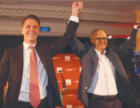  ?? Pictures: NCA NewsWire/David Swift ?? New NSW Premier Chris Minns with Prime Minister Anthony Albanese, and (inset) Labor’s Rose Jackson sheds tears of joy after winning the election on Saturday night.