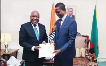  ??  ?? REALPOLITI­K . . . Ambassador Chris Mutsvangwa recently toured three African nations as special envoy of President Mnangagwa. Here, he meets Zambian President Edgar Lungu