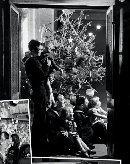  ??  ?? RIGHT Men on leave from HMS Anson give a Christmas party for the pupils of the Cranbrook Terrace School in Bethnal Green. Here, they all gather around the Christmas tree to watch the clown – also on leave from HMS Anson