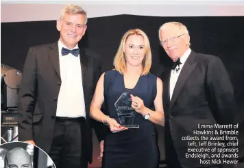 ??  ?? Emma Marrett of Hawkins & Brimble collects the award from, left, Jeff Brinley, chief executive of sponsors Endsleigh, and awards host Nick Hewer