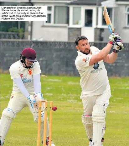  ??  ?? Llangennec­h Seconds captain Alan Warner loses his wicket during his side’s visit to Kidwelly in division four of the South Wales Cricket Associatio­n. Picture: Phil Davies.