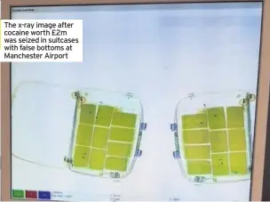  ??  ?? The x-ray image after cocaine worth £2m was seized in suitcases with false bottoms at Manchester Airport