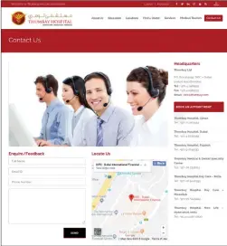  ??  ?? A screen shot of Thumbay Hospital website with the proper contact details, and right, screen shot of the mirror website used by scamsters with fake contact numbers.