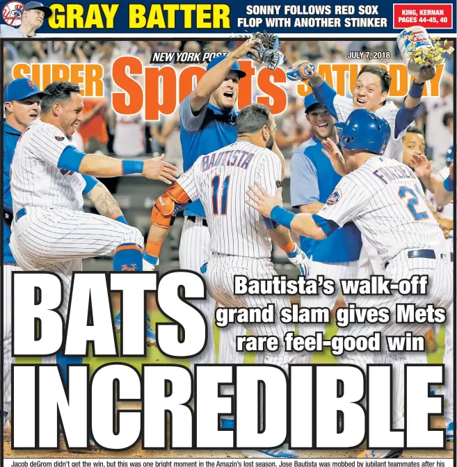  ??  ?? Jacob deGrom didn’t get the win, but this was one bright moment in the Amazin’s lost season. Jose Bautista was mobbed by jubilant teammates after his grand slam in the ninth inning propelled the Mets to a 5-1 victory over the Rays on Friday night at...