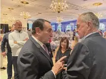  ?? David Borges/Hearst Connecticu­t Media ?? Mike Krzyzewski, left, chats with Jim Calhoun prior to the Franciscan Sports Banquet on Tuesday in Southingto­n.