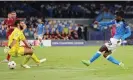  ?? Francesco Pecoraro/Getty Images ?? Andre-Frank Zambo Anguissa slots the ball past Liverpool goalkeeper Alisson to score Napoli’s second goal. Photograph: