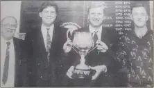  ??  ?? Max Hill (sec ond from right), managing direc tor of sponsor Hills of Arklow, pic tured at the press rec eption with Harry Griffiths, Chairman of the Wic klow League, Des Kelly, c aptain of Little Bray and Martin Newsome, c aptain of Aughrim.