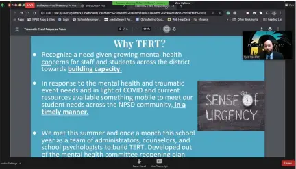  ?? SCREENSHOT OF ONLINE MEETING ?? Penndale Middle School Principal Kyle Hassler, inset, discusses goals and objectives of the district’s new Traumatic Event Response Team during the school board safe schools committee meeting Monday.