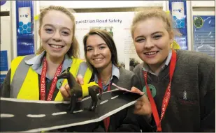  ??  ?? Tarbert’s Aoife O’Brien, Áine Enright and Chloe O’Carroll with their highly-praised project on equestrian road safety.
