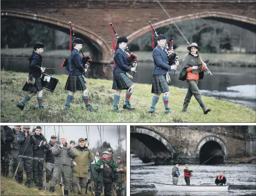  ?? PICTURES: GETTY IMAGES/SWNS. ?? ANGLERS’ LEAP: Top, Claire Mercer Nairne leads the procession of pipers to the banks of the River Tay in Meikleour, Perthshire, to mark the official opening of the Scottish salmon fishing season, as anglers look on; the number of wild salmon in Scotland’s rivers is said to have plummeted in recent years.