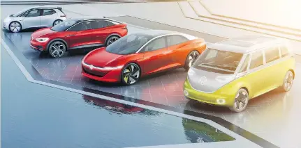  ??  ?? By 2020, Volkswagen will launch the first of a complete lineup of electric vehicles they’re calling the I.D. family, shown in this artist’s rendering as a variety of concept cars including sedans, SUVs and people movers.