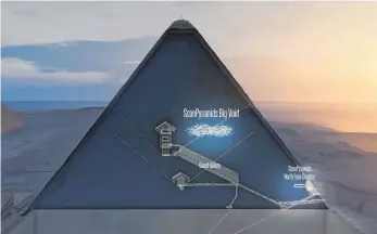  ?? FOTO: SCANPYRAMI­DS MISSION/ DPA ?? Die Computergr­afik zeigt die Cheops- Pyramide im Schnitt. Der Hohlraum in der Mitte („ ScanPyrami­ds Big Void“) wurde entdeckt, darunter befindet sich die Große Galerie.