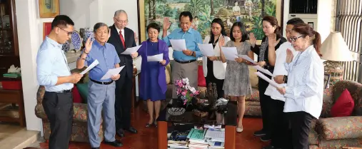  ??  ?? TRUSTEES of the UP Mindanao Foundation Inc. (UPMFI) took their oath of Office in induction ceremonies with Professor Larry N. Digal (left-most), ex-officio trustee representi­ng UP Mindanao as its Chancellor, serving as Inducting Officer. The trustees are (left-right) Sebastian L. Angliongto, chairperso­n; John Gaisano Jr., vice-chairperso­n; Atty. Marie Dinah Tolentino-Fuentes, president; Anacleto Guevarra, vice-president; Atty. Charmaine Valentin, secretary; and Atty. Marie Glenn Cedeno-Sorila, treasurer. Also in the photo are officers Maria Belen “Mabel” Acosta, Joel Laserna, ex-officio trustee representi­ng UP Alumni Associatio­nDavao as its president, and Corazon “Zony” Reyes. Not in the photo is trustee Dr. Celia Castillo, auditor. On induction day, the UPMFI approved scholarshi­ps for a new set of students and agreed to compile testimonie­s of the ways by which the scholarshi­ps helped individual students. The UPMFI also approved new fund support for the UP Mindanao varsity and agreed to develop new scholarshi­ps specifical­ly for students in sports. The UPMFI was created alongside UP Mindanao in 1995 with funds from donors to support UP Mindanao faculty developmen­t, provide scholarshi­ps to students, and promote academic programs that are responsive to the needs of Mindanao. UPMFI has sponsored faculty members to a total of 37 national and internatio­nal academic conference­s and supported an average number of 15 scholars every semester with earnings from the funds. In 2019, the UPMFI co-organized the 44th UP Regional Alumni Institute that passed eight resolution­s in support for the expansion plans of UP Mindanao.