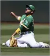  ?? JED JACOBSOHN — THE ASSOCIATED PRESS ?? A's right fielder Ramon Laureano just misses making a catch on a ball hit by the Rangers' Charlie Culberson in the fifth inning.