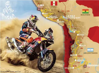  ??  ?? Auf KTM- Pilot Matthias Walkner warten bei der Dakar 14 Etappen und 8.793 Kilometer