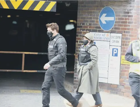  ??  ?? Brenda Blethyn, as DCI Vera Stanhope, and Kenny Doughty, who plays DS Aiden Healy, filming at Sunderland Civic Centre car park.