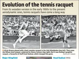  ?? PHOTO GETTY IMAGES ?? Lili de Alvarez played with a basic wooden racquet in the 1926 Wimbledon (top left). Then came the Wilson steel racquet, endorsed by Jimmy Connors (top right). But it was Dunlop’s graphite racquet, a favourite of Steffi Graf (below), which changed the...