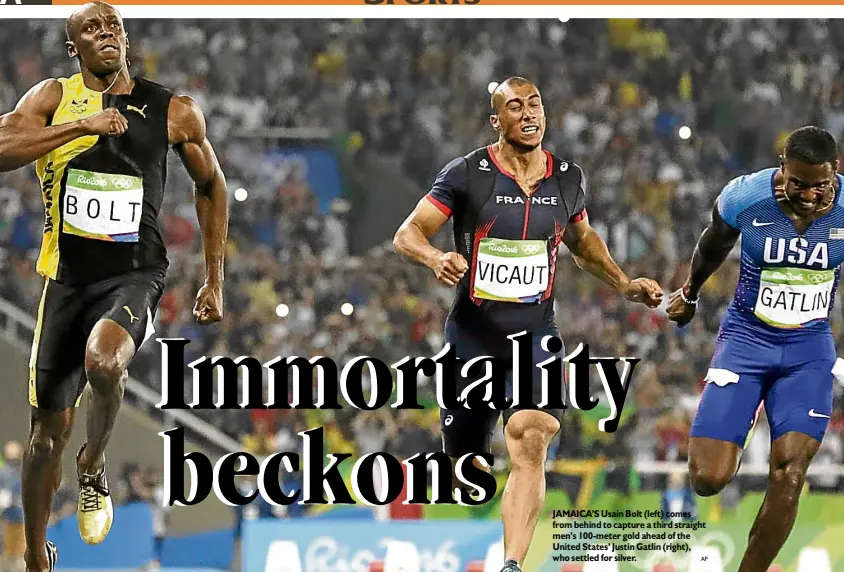  ?? AP ?? JAMAICA’S Usain Bolt (left) comes from behind to capture a third straight men’s 100-meter gold ahead of the United States’ Justin Gatlin (right), who settled for silver.