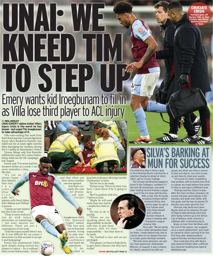  ?? ?? CRUCIATE
CRISIS Kamara goes off during Villa vs Man United; and Mings (below) crocked
vs Toon