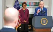  ?? AP PHOTO/EVAN VUCCI ?? President Joe Biden, right, responds to a reporter’s question after speaking March 10 about the February jobs report from the Roosevelt Room of the White House.