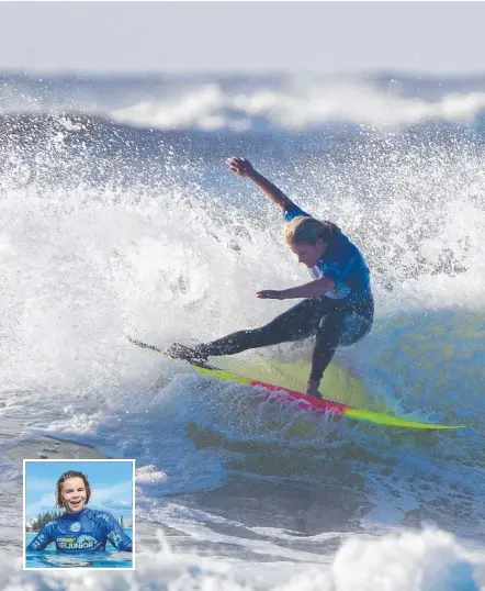  ??  ?? Gold Coast surfer Piper Harrison and (inset) Jagger Bartholome­w. Main Picture: SURFING QUEENSLAND
