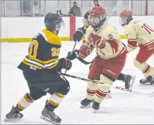  ?? JASON SIMMONDS/JOURNAL PIONEER ?? The Sherwood-Parkdale Metros’ Logan Toole, 20, keeps a close eye on the Western Red Wings’ Cole Hackett, who just made a pass on a rush into the offensive zone. The Red Wings’ Nick Reeves, 10, who scored two goals, pursues the puck. The action took...