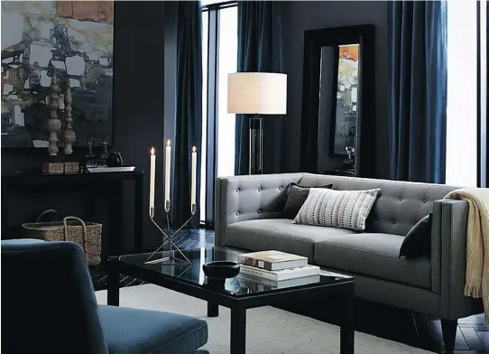  ?? CRATE & BARREL ?? Deep grey, blue and teal decor helps visually cool down a room and can make a large space feel more intimate, while brighter cool colours will make a room feel larger.